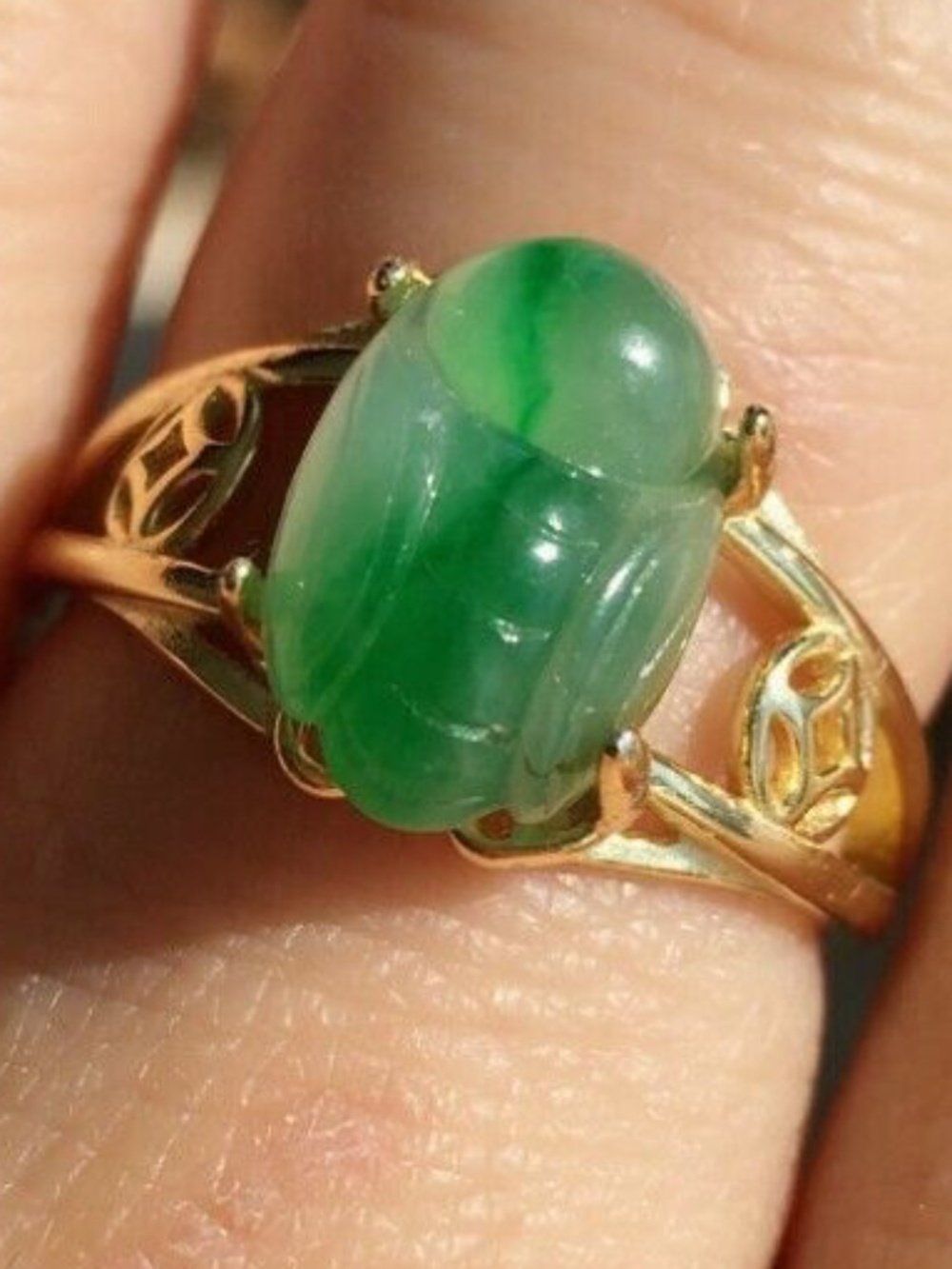 Grade A Jadeite Jade Hand Carved Cicada in Gold over Sterling Silver Ring